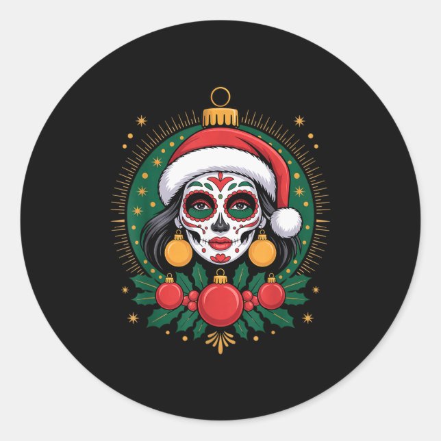Adesivo Redondo Christmas Sugar Skull Art Woman Santa Hat Festive  (Frente)