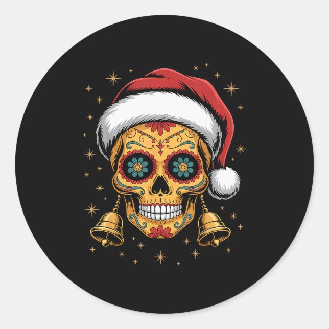 Adesivo Redondo Christmas Sugar Skull Art Woman Santa Hat Festive  (Frente)