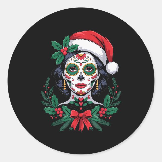Adesivo Redondo Christmas Sugar Skull Art Woman Santa Hat Festive  (Frente)