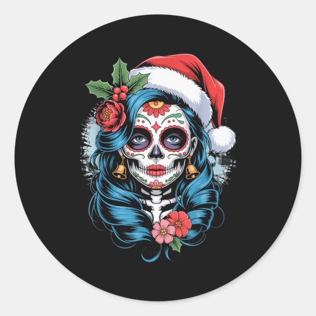 Adesivo Redondo Christmas Sugar Skull Art Woman Santa Hat Festive  (Frente)