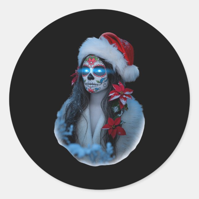 Adesivo Redondo Christmas Sugar Skull Art Woman Santa Hat Festive  (Frente)