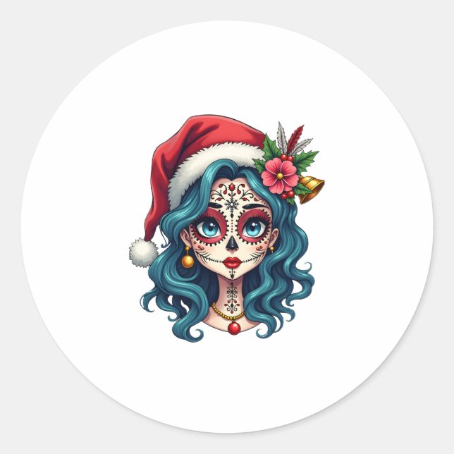 Adesivo Redondo Christmas Sugar Skull Art Woman Santa Hat Festive  (Frente)