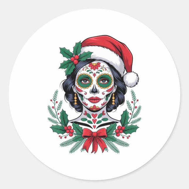 Adesivo Redondo Christmas Sugar Skull Art Woman Santa Hat Festive  (Frente)