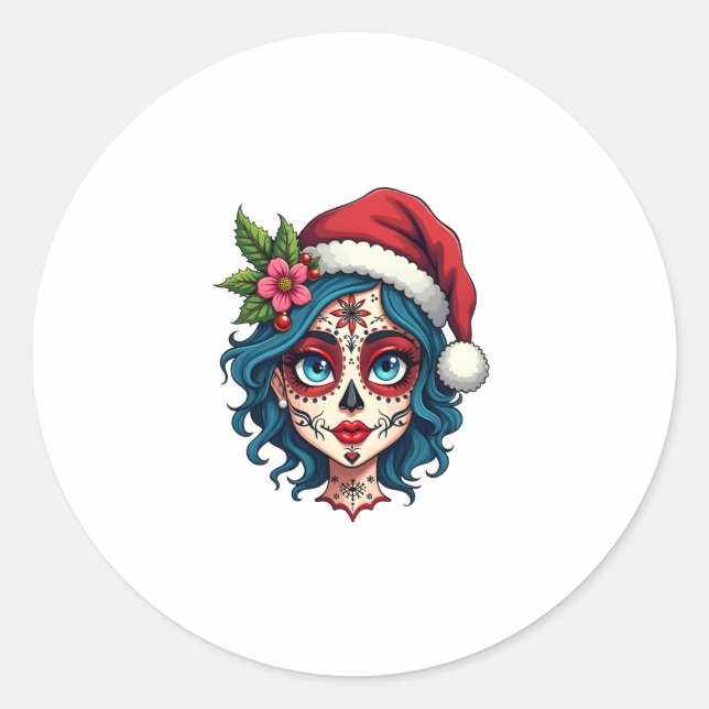 Adesivo Redondo Christmas Sugar Skull Art Woman Santa Hat Festive  (Frente)