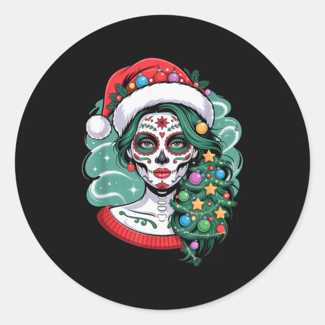 Adesivo Redondo Christmas Sugar Skull Art Woman Santa Hat Festive  (Frente)