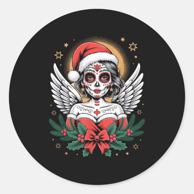 Adesivo Redondo Christmas Sugar Skull Art Woman Santa Hat Festive  (Frente)