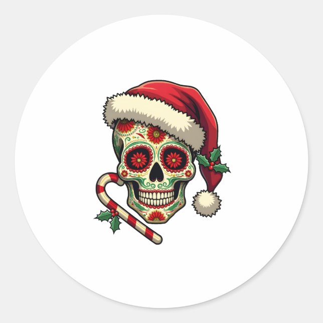 Adesivo Redondo Christmas Sugar Skull Santa Hat Day Of The Dead Xm (Frente)