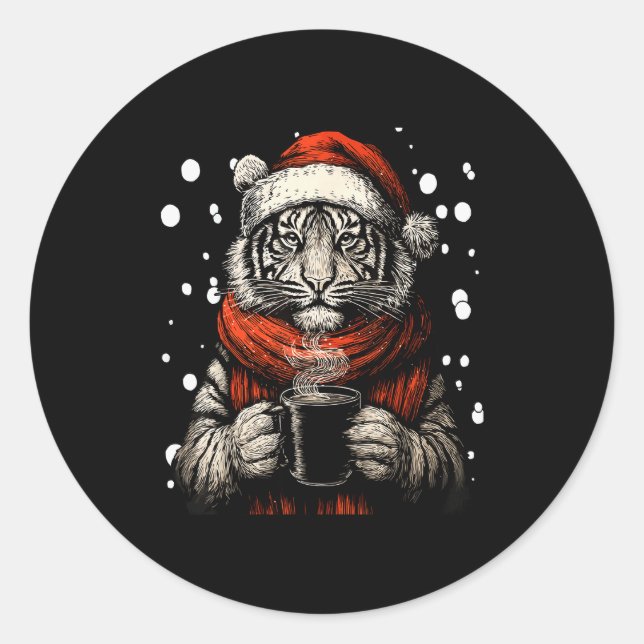 Adesivo Redondo Christmas Tiger With Santa Hat Coffee Lover Funny  (Frente)