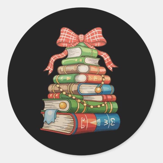 Adesivo Redondo Christmas Tree Books Bow Reading Librarian Teacher (Frente)