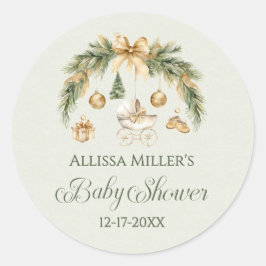 Adesivo Redondo Christmas Watercolor Greenery Winter Baby Shower