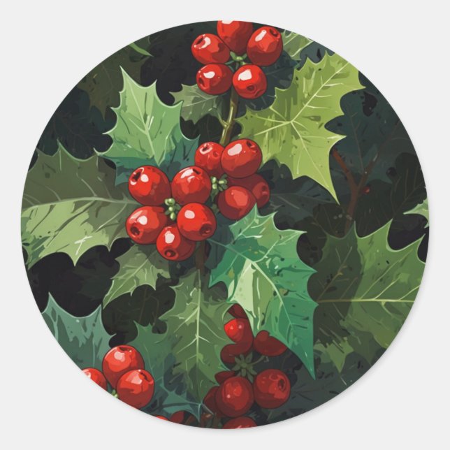 Adesivo Redondo Christmas watercolor Holly berry leaves botanical  (Frente)