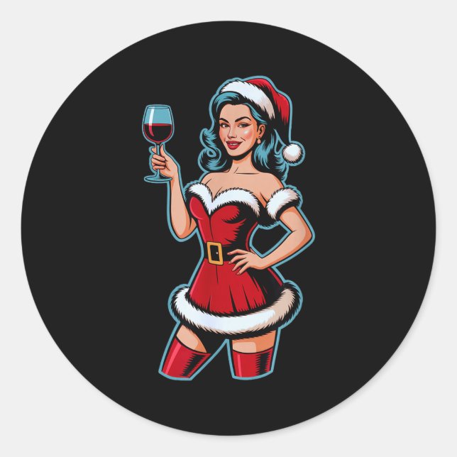 Adesivo Redondo Christmas Wine Santa Girl Holiday Party Funny Vint (Frente)