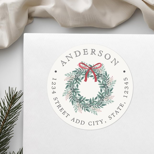 Adesivo Redondo Christmas Wreath Family Name Return Address (Criador carregado)