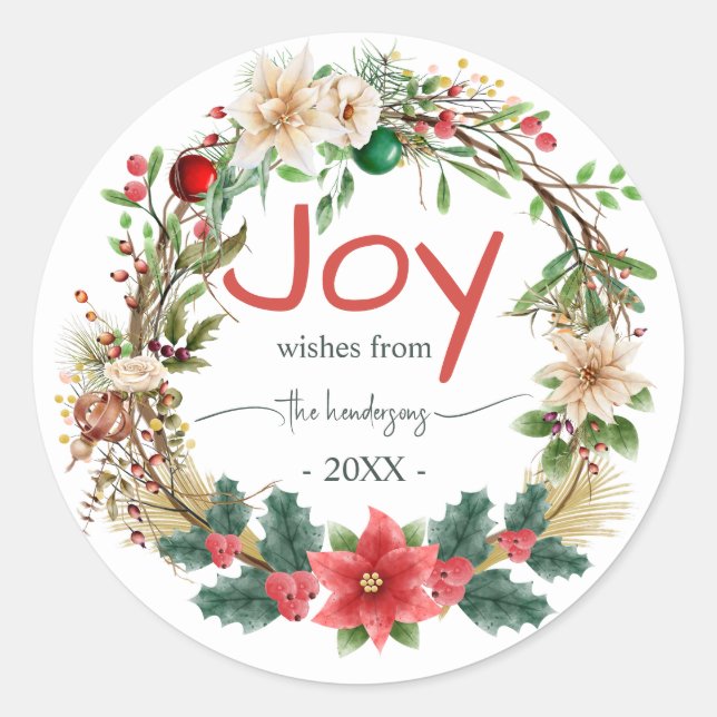 Adesivo Redondo Christmas Wreath  Red Joy Rustic Typography Name  (Frente)