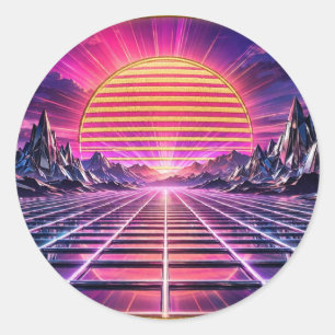Adesivo Redondo Chrome Horizon — Pôr do Sol Retro Synthwave