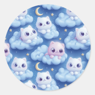 Adesivo Redondo "Chubby Kawaii Cats and Clouds 3D Padrão Invisível