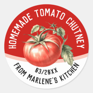 Adesivo Redondo Chutney de tomate caseiro com tomate vermelho
