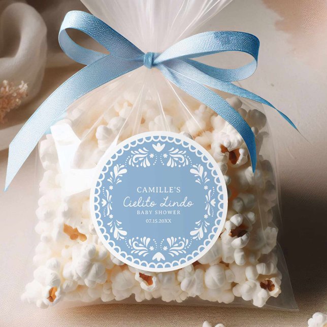 Adesivo Redondo Chuva de Amor Azul Bebê Revelação  (Cielito Lindo Boy baby shower round sticker)