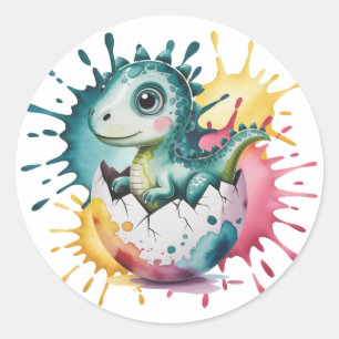 Adesivo Redondo Chuva de Aquarela com Dinossauro Fofo no Chá de Be