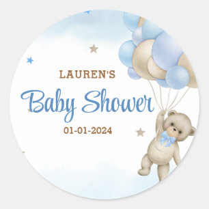 Adesivo Redondo Chuva de Balões Azuis de Ursinho - Baby Shower