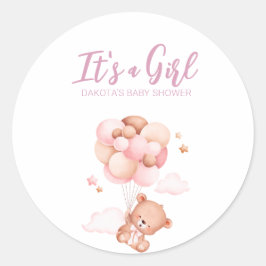 Adesivo Redondo Chuva de Bebê Balão de Urso Teddy Rosa