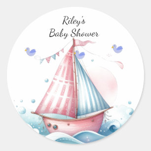 Adesivo Redondo Chuva de Bebê Barco à Vela Náutico Rosa Clássico