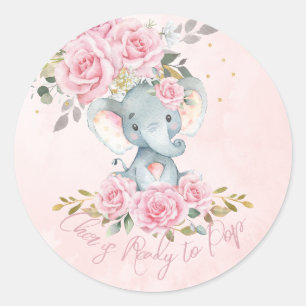 Adesivo Redondo Chuva de Bebê de Elefante Floral Rosa