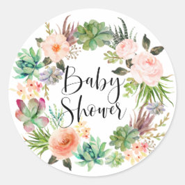 Adesivo Redondo Chuva de Bebê de Verão Coroa Floral Boho Suculenta