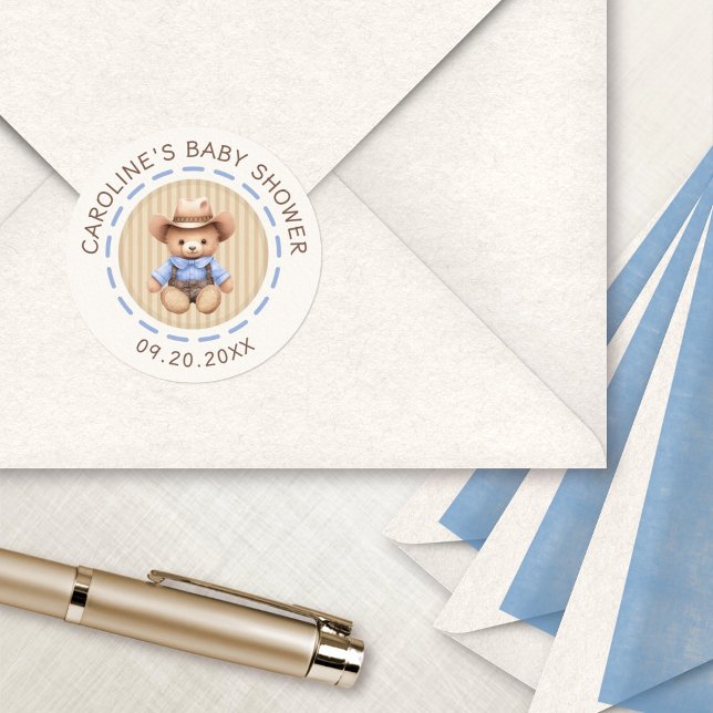 Adesivo Redondo Chuva de Bebê do Urso Azul Caubói Ocidental (Criador carregado)