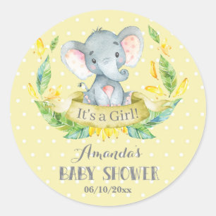 Adesivo Redondo Chuva de Bebê Elefante Menina Amarelo e Cinza