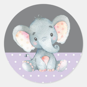 Adesivo Redondo Chuva de Bebê Elefante Menina Roxo e Cinza