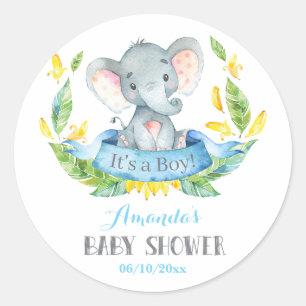 Adesivo Redondo Chuva de Bebê Elefante Menino Azul e Cinza