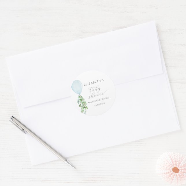 Adesivo Redondo Chuva de Bebê Eucalipto Balão Azul (Envelope)