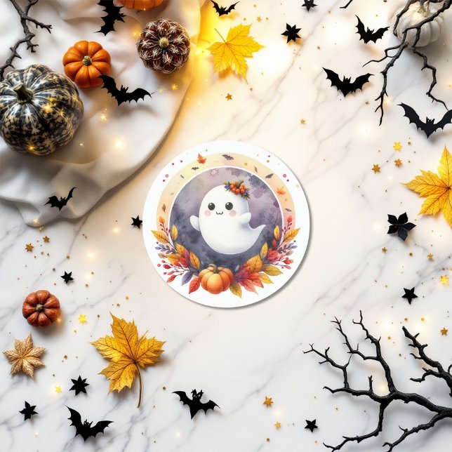 Adesivo Redondo Chuva de Bebê Fantasma & Design de Abóbora de Hall (Halloween Ghost & Pumpkin Design Baby Shower Classic Round Sticker)