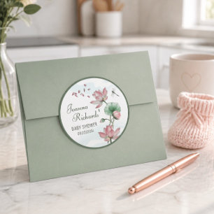 Adesivo Redondo Chuva de Bebê Flor de Lótus em Aquarela Elegante