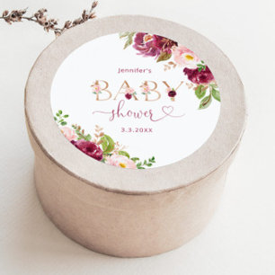 Adesivo Redondo Chuva de bebê floral dourada em burgundy de outono