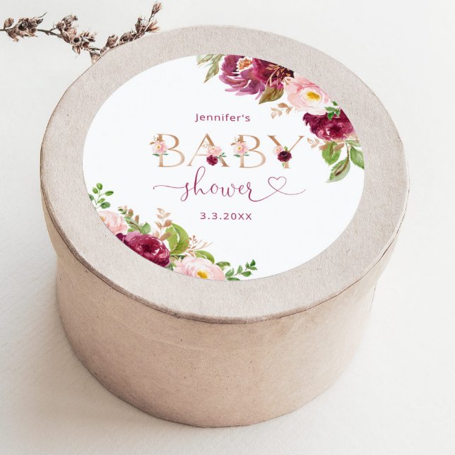 Adesivo Redondo Chuva de bebê floral em tons de dourado e burgundy (Criador carregado)