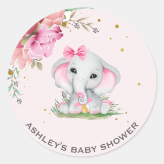 Adesivo Redondo Chuva de Bebê Floral Rosa Elefante Fofo
