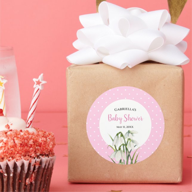 Adesivo Redondo Chuva de Bebê Flores Brancas de Neve Pontos Polka  (Festa)