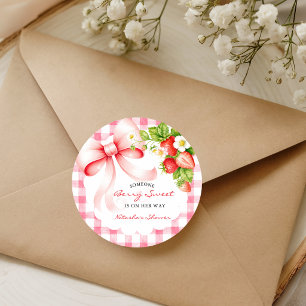 Adesivo Redondo chuva de bebê gingham morango Rosa