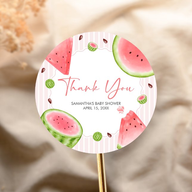 Adesivo Redondo Chuva de Bebê Melancia (Sweet Little Girl Watermelon Baby Shower Sticker)