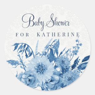Adesivo Redondo Chuva de Bebê Menina Azul Marinho e Branco Floral
