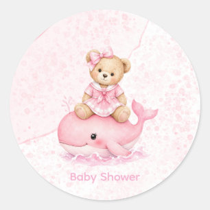 Adesivo Redondo Chuva de Bebê Menina com Ursinho Teddy Rosa em Bal
