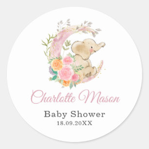 Adesivo Redondo Chuva de Bebê Menina Elefante Floral Rosa Fofa Lua