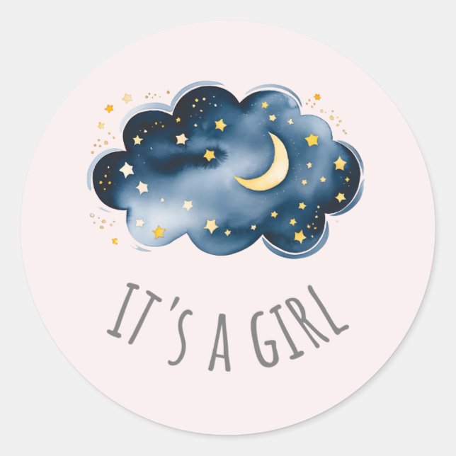 Adesivo Redondo Chuva de Bebê Menina Rosa Lua e Estrelas (Frente)