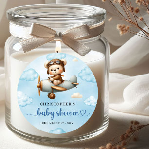 Adesivo Redondo Chuva de Bebê Menino Aviador Urso Teddy Rústico Az