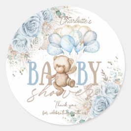 Adesivo Redondo Chuva de Bebê Menino Urso de Pelúcia Boho Azul Flo