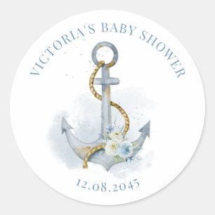 Adesivo Redondo Chuva de Bebê Náutica Âncora Floral Azul e Branco