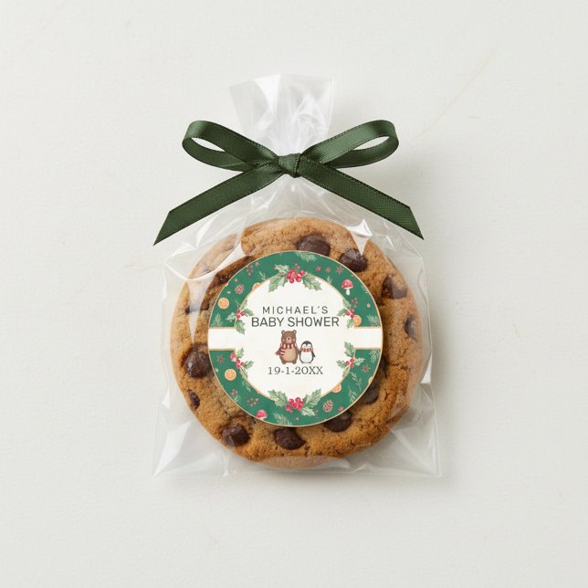 Adesivo Redondo Chuva de Bebê no Bosque de Inverno (Criador carregado)