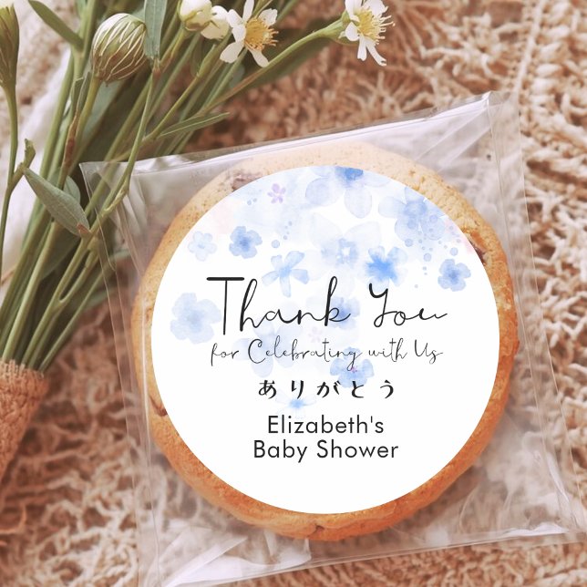 Adesivo Redondo Chuva de Bebê Obrigado Azul Floral Cute Script (Criador carregado)